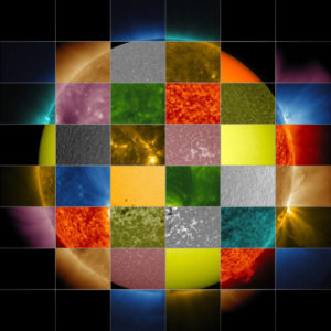 Rectangle images in various wavelengths tiled on disk of Sun