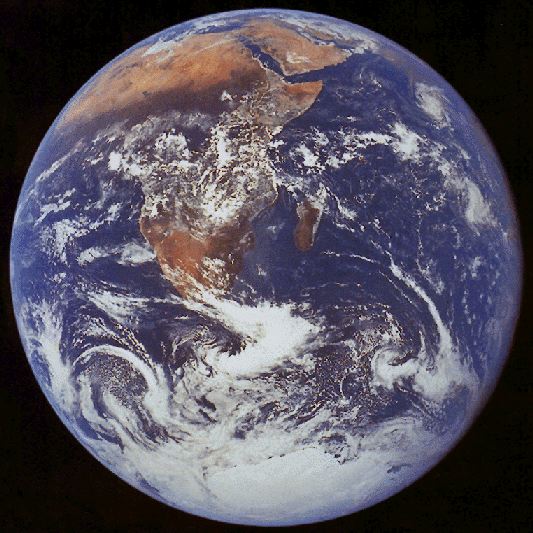 Disk of Earth featuring Africa and cloud swirls against space