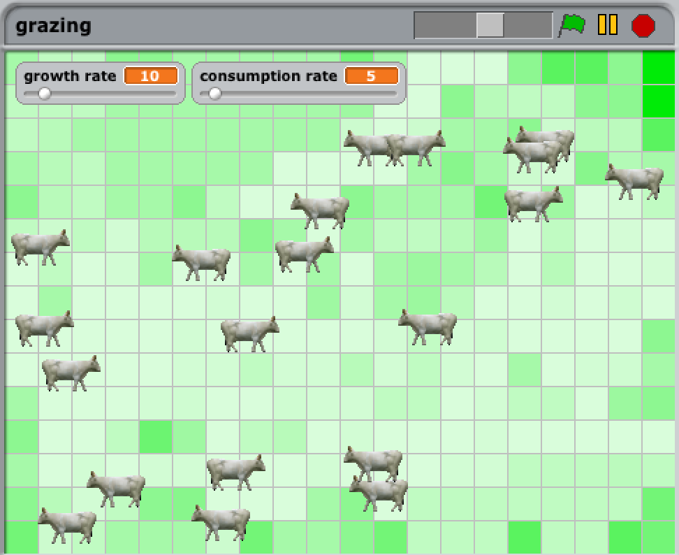 Cows on areas of grass of varying intensity