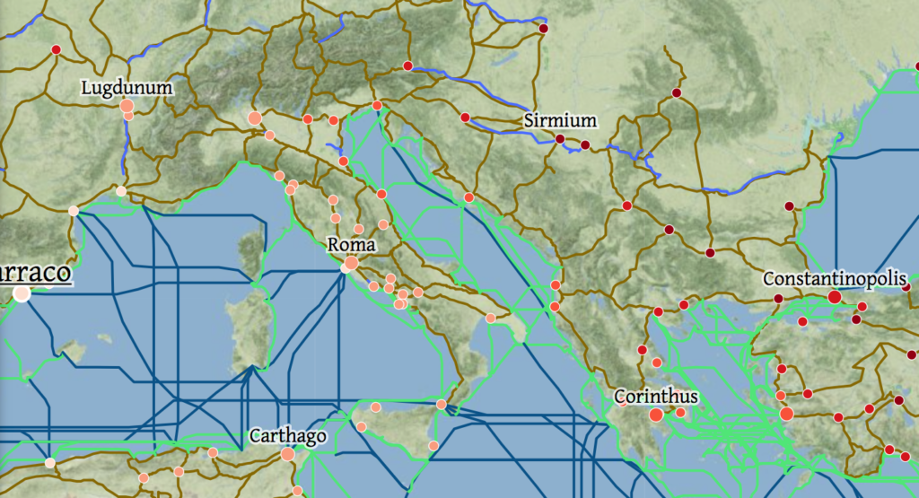 Map of Roman Empire with dots for major population centrs and lines for transit.