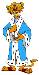 A comic image of a tall thin lion in king's robes