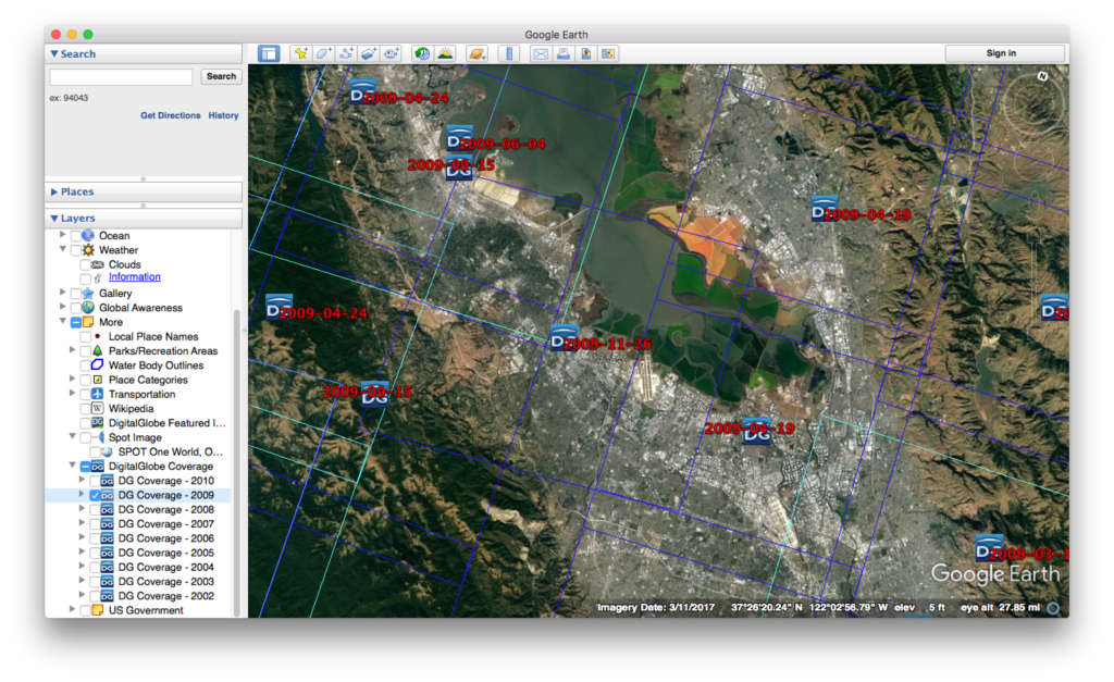 Satellite image of Mountain View area with satellite image choices shown as overlay.