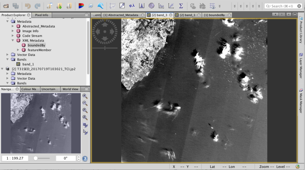 Image panel, product explorer panel with information and band choices, and Navigator panel shown.