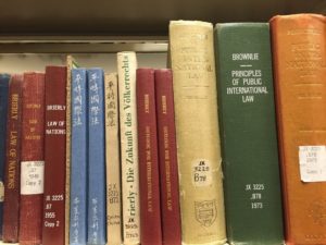 Row of books about international law.