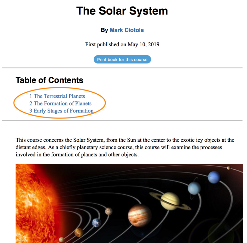 Course page with table of contents listing lessons.